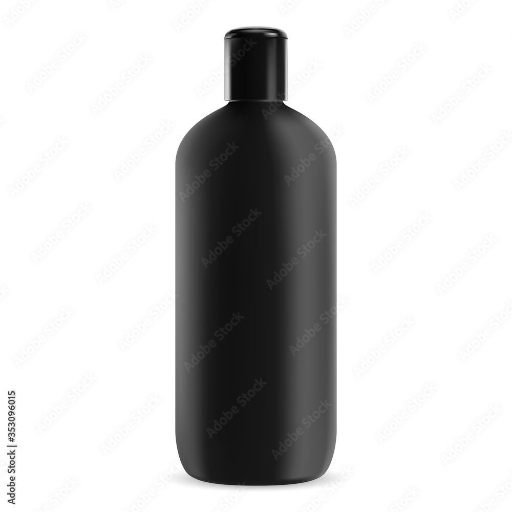 Black shampoo bottle. Plastic cosmetic package. 3d realistic jar for shower gel for your brand. Liquid bath cream product tube template. Vector container blank template Black shampoo bottle. Plastic cosmetic package. 3d realistic jar for shower gel for your brand. Liquid bath cream product tube template. Vector container blank template