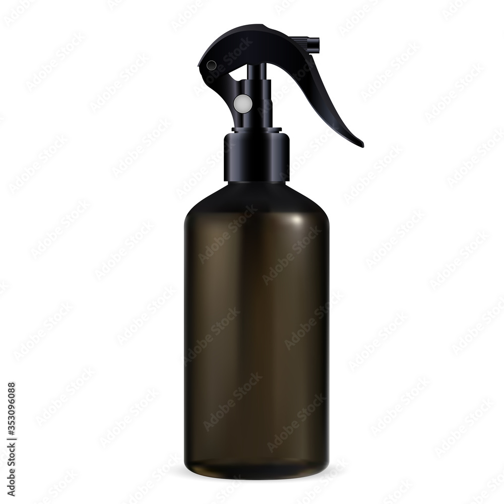 Pistol spray cosmetic bottle. Aerosol dispenser package template with trigger for cleaner. Shiny plastic realistic container blank with pump for bath perfume or medical water Pistol spray cosmetic bottle. Aerosol dispenser package template with trigger for cleaner. Shiny plastic realistic container blank with pump for bath perfume or medical water