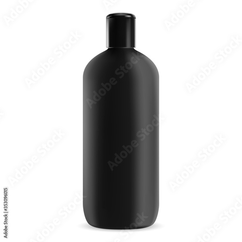 Black shampoo bottle. Plastic cosmetic package. 3d realistic jar for shower gel for your brand. Liquid bath cream product tube template. Vector container blank template