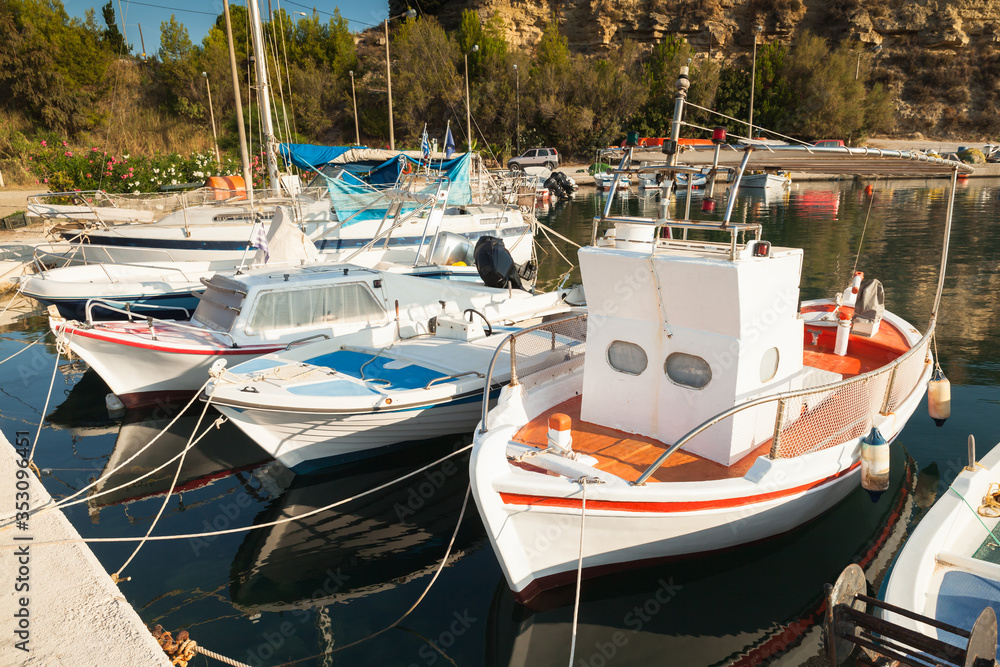 Fototapeta premium Small wooden boats are moored in Tsilivi. Zakynthos
