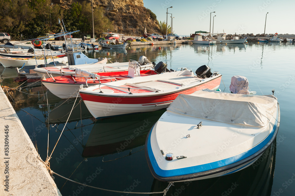 Obraz premium Small boats are moored in Tsilivi. Zakynthos. Greece