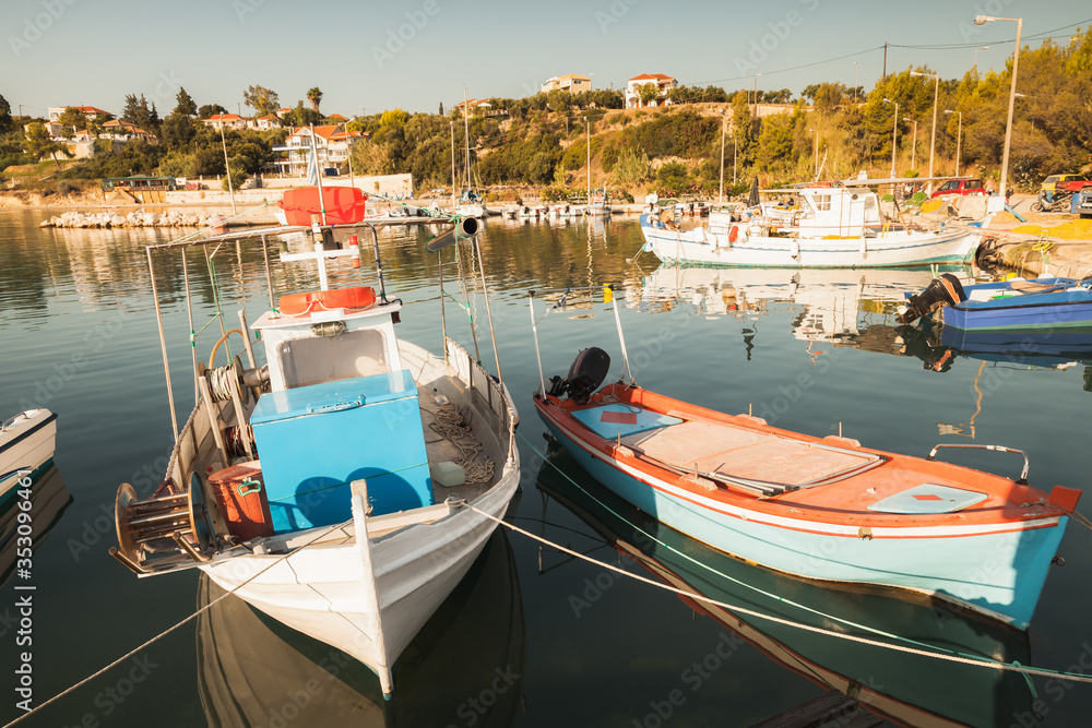 Wooden fishing boats moored in Tsilivi port. Zakynthos