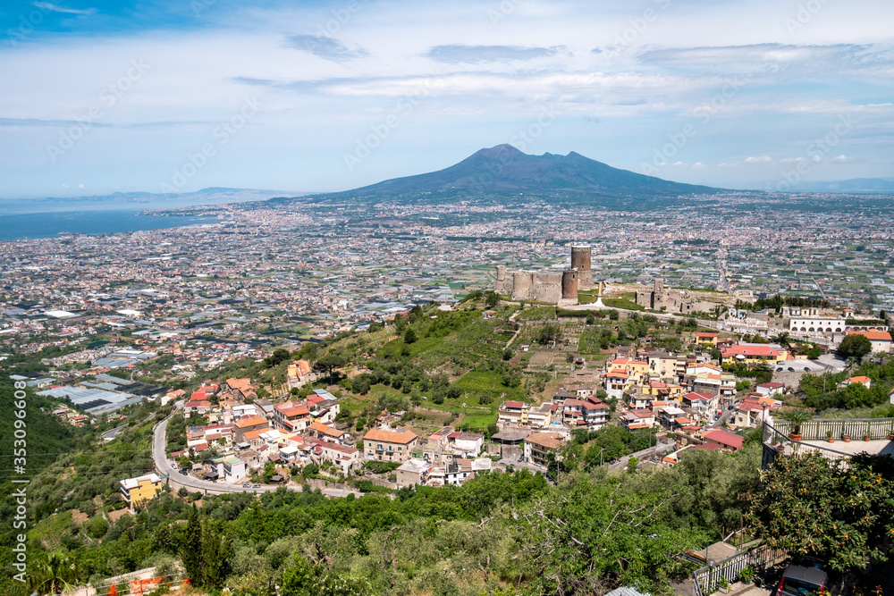 Medieval Castle of Lettere with the Vesuvius and metropolitan city of Naples in background. Lettere, Naples, Campania, Italy