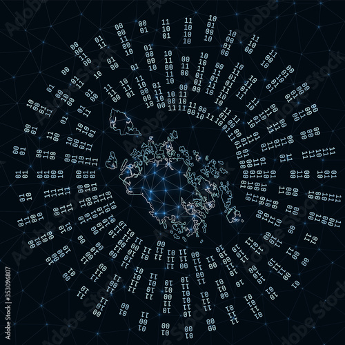 Cat Ba Island digital map. Binary rays radiating around glowing island. Internet connections and data exchange design. Vector illustration.