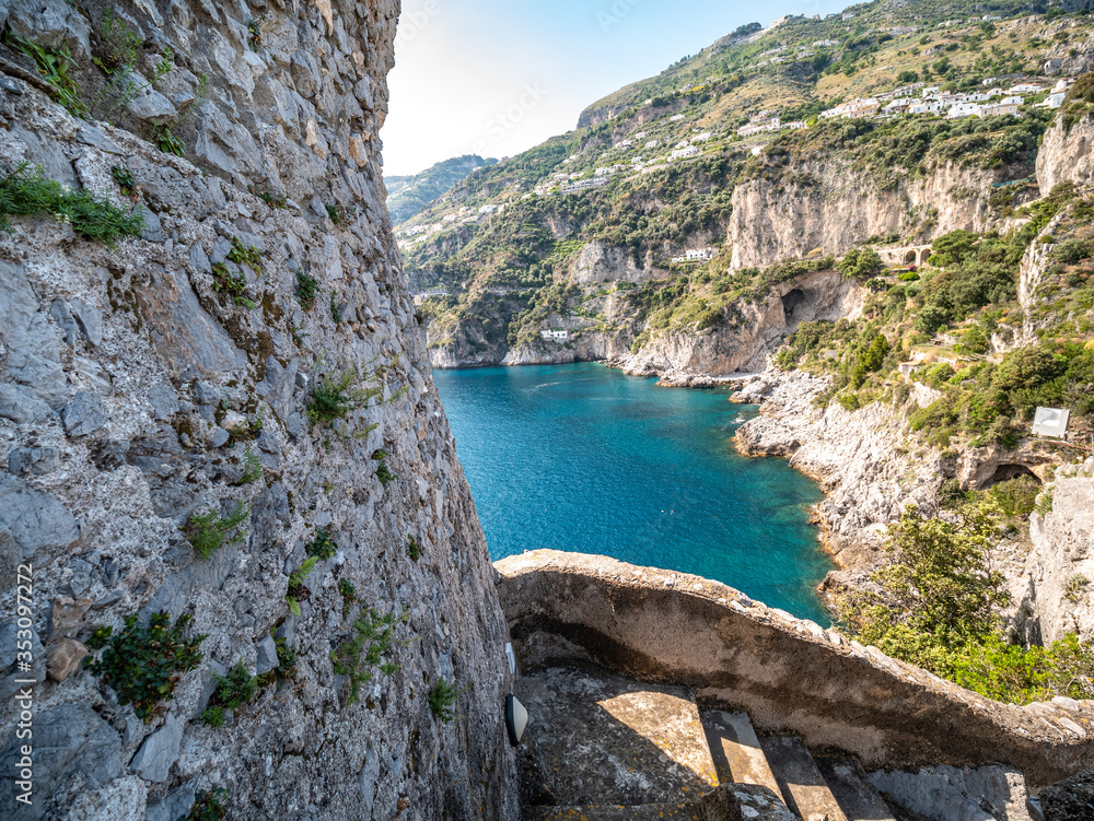 The tower of Capo di Conca in the municipality of Conca dei Marini. Coastal tower on the mediterranean sea. Amalfi Coast, Salerno, Campania, Italy