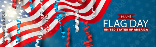 Flag Day USA banner or header. United States of America national Old Glory, The Stars and Stripes. 14 June American holiday. Vector illustration.