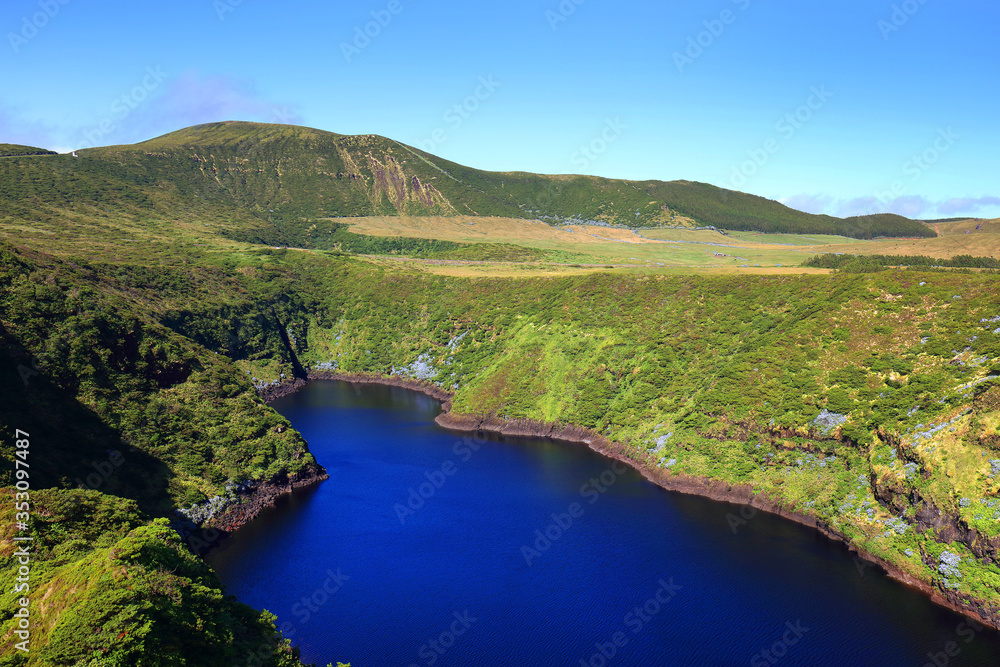 Summer landscape of Lake Comprida on Flores Island, Azores, Portugal, Europe