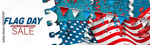 Flag Day USA sale banner or header. United States of America national Old Glory, The Stars and Stripes. 14 June American holiday. Vector illustration.