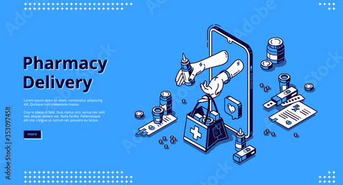 Pharmacy delivery online service isometric landing page. Human hands give bag with drugs from smartphone screen. Internet drugstore, medicine retail healthcare business. 3d vector line art web banner