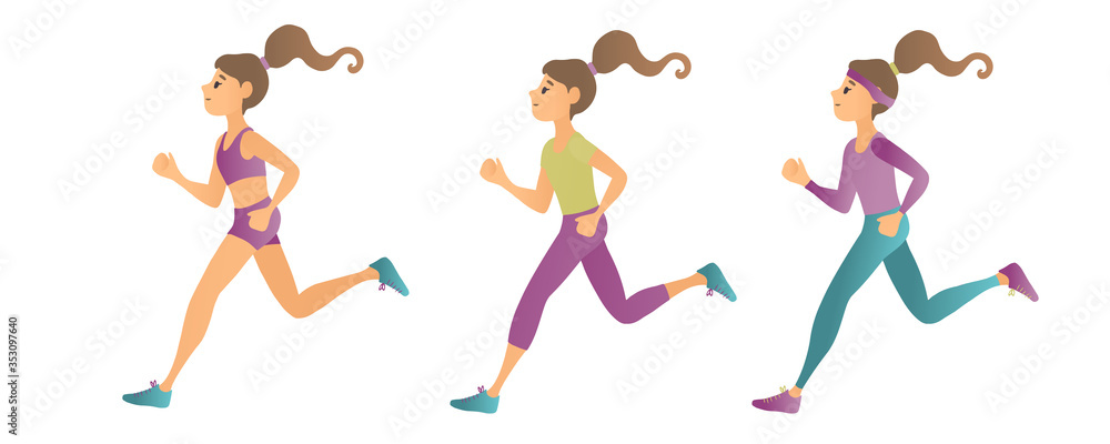 set of running girls in different seasons. Vector illustration on white background.