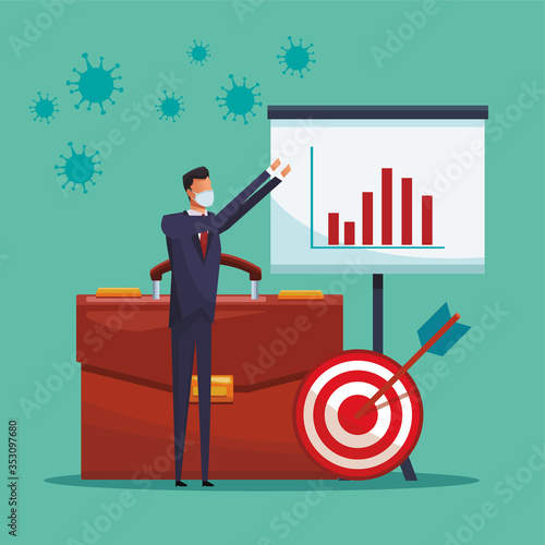businessman wearing medical mask with portfolio and finacial icons