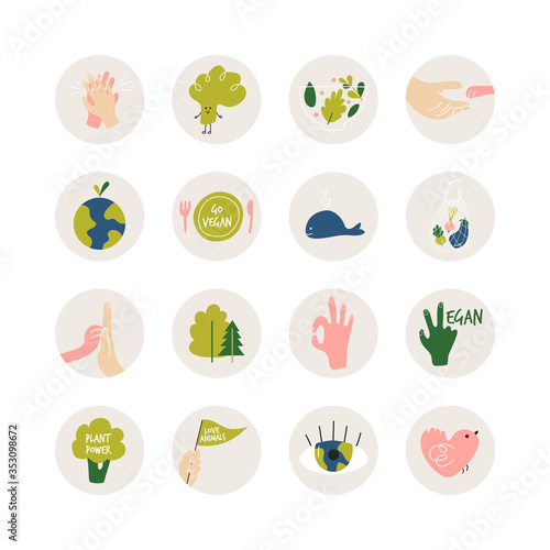 The concept of animal protection, veganism, saving the planet. Templates for websites, postcards, posters, stickers, bloggers, invitations, and social networks. Round stickers on the theme of veganism