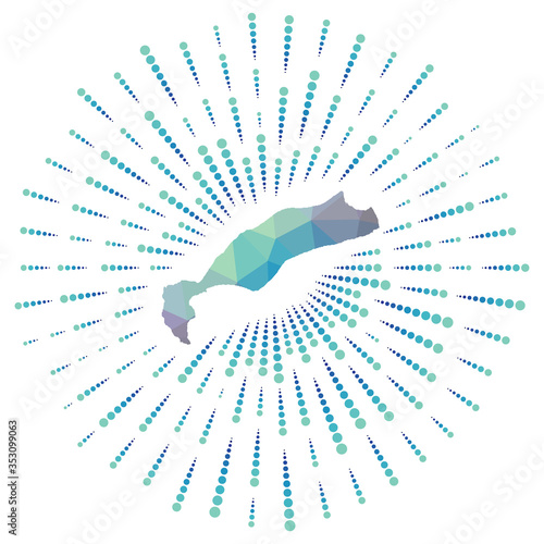 Shape of Kos, polygonal sunburst. Map of the island with colorful star rays. Kos illustration in digital, technology, internet, network style. Vector illustration.