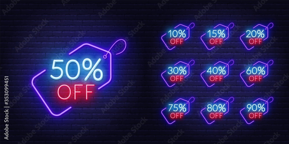 10, 15, 20, 30,40 50, 60, 75 80, 90 percent off. Neon discount light signs on a dark background - obrazy, fototapety, plakaty 