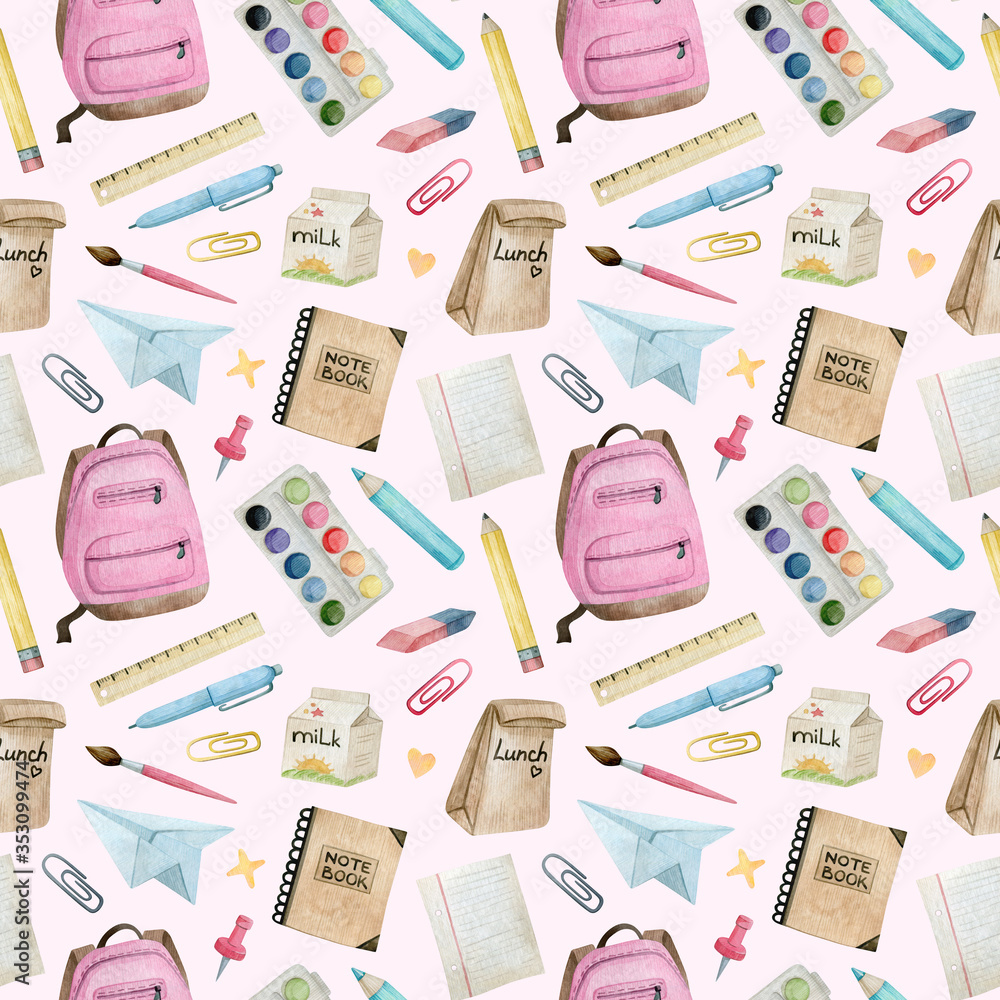 Watercolor seamless pattern with school and office supplies and tools. Items needed for education. Backpack, paper clip, paints, notebook, pen. Back to school. Background for textile, covers, wrapping Watercolor seamless pattern with school and office supplies and tools. Items needed for education. Backpack, paper clip, paints, notebook, pen. Back to school. Background for textile, covers, wrapping
