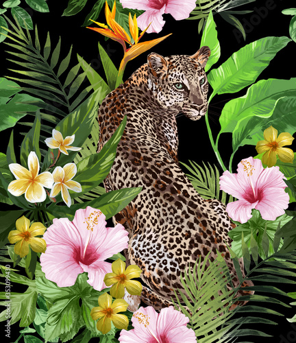 Seamless pattern with leopard and tropical flowers on a black background.