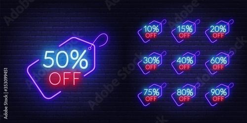 10, 15, 20, 30,40 50, 60, 75 80, 90 percent off. Neon discount light signs on a dark background
