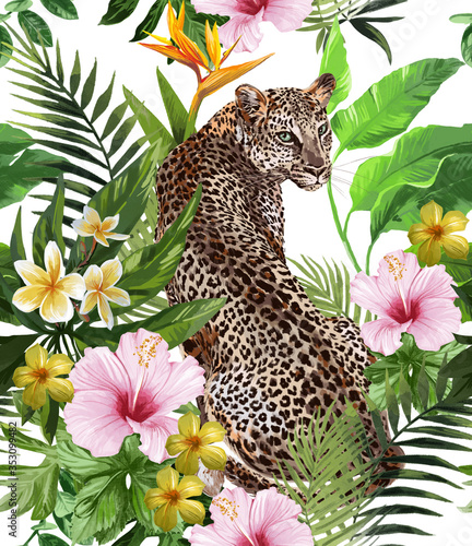 Seamless pattern with leopard and tropical flowers on a white background.