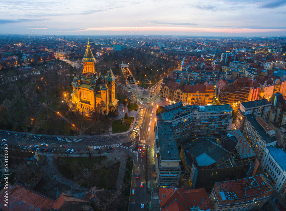 Wide panorama of Timisoara city, Romania.  Timisoara at twiligh evening time