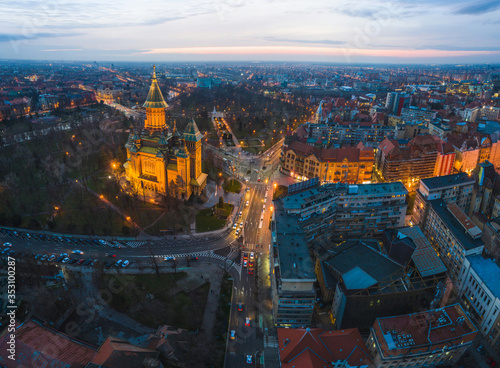 Wide panorama of Timisoara city, Romania.  Timisoara at twiligh evening time photo