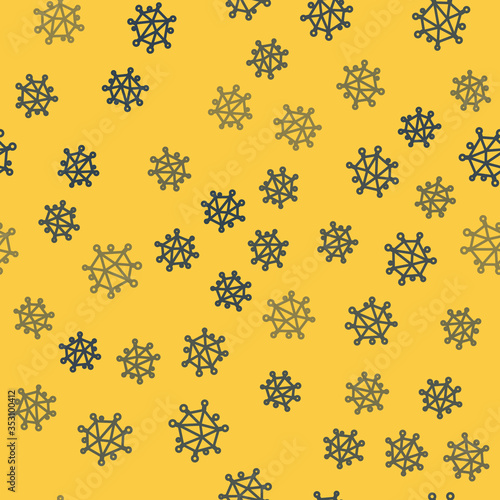 Blue line Virus icon isolated seamless pattern on yellow background. Corona virus 2019-nCoV. Bacteria and germs, cell cancer, microbe, fungi. Vector Illustration