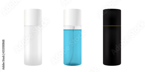 Plastic Cosmetic Bottle. Isolated Black, White and transparent Mockup for soup, shampoo, Gel, Spray, Body Lotion, Shampoo. 3d Realistic Container Template. Clear Medical Packaging Mockup Set.