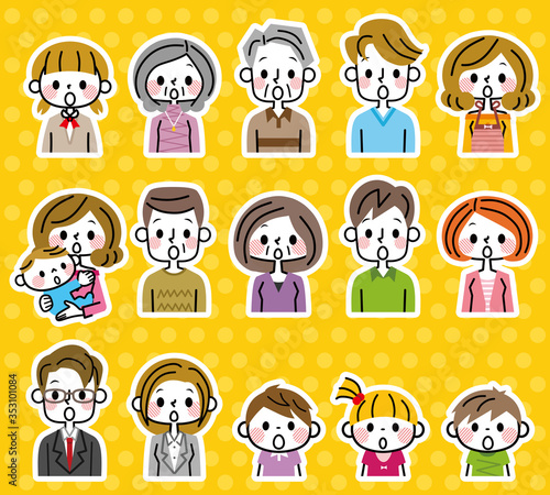 色んな世代の人物　驚く　納得　白フチ