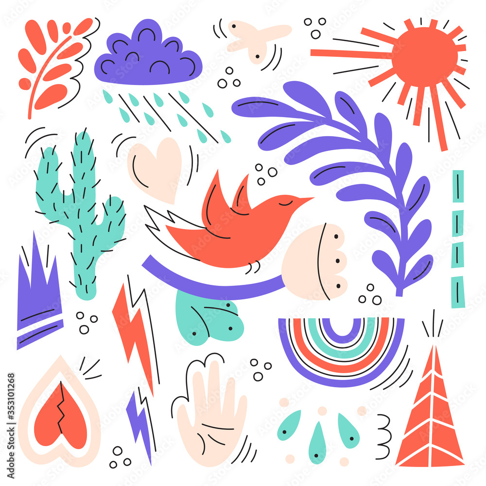 A set of hand-drawn objects - flowers, birds, hearts, clouds, lightning, and rainbows. Modern vector illustration. Cute objects with Doodle elements isolated on a white background.