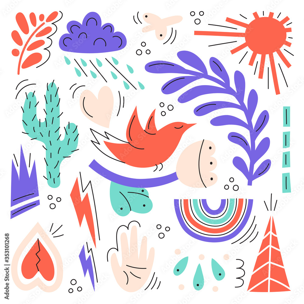 A set of hand-drawn objects - flowers, birds, hearts, clouds, lightning, and rainbows. Modern vector illustration. Cute objects with Doodle elements isolated on a white background. A set of hand-drawn objects - flowers, birds, hearts, clouds, lightning, and rainbows. Modern vector illustration. Cute objects with Doodle elements isolated on a white background.