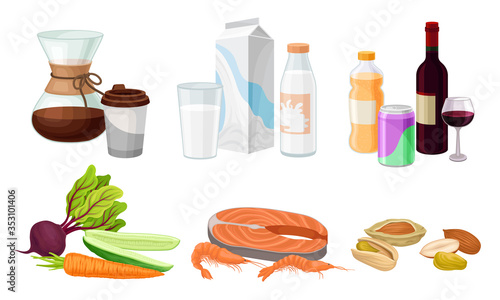 Food and Drink Arrangement with Coffee and Seafood Vector Set