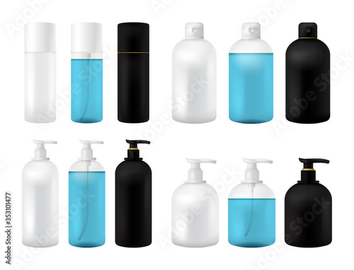 Plastic Cosmetic Bottle big set 3D. Isolated Black, White and transparent Mockup for soup, shampoo, Gel, Spray, Body Lotion, Shampoo. Realistic Container Template. Clear Medical Packaging Mockup Set.