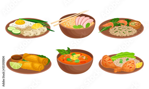 Various Dishes and Main Courses Plating with Greenery Garnishing Vector Set