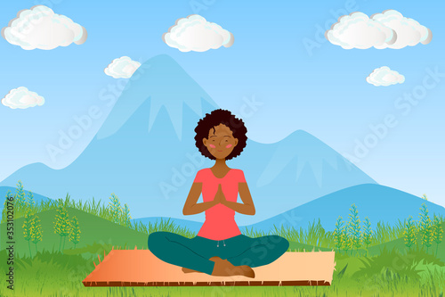 Girl sitting on the grass. Young girl doing yoga exercises outdoors. Vector illustration.	