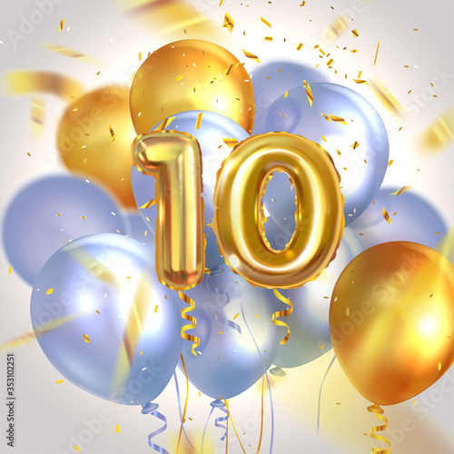 Anniversary, 10 years old, helium balloons numbers with confetti, vector illustration