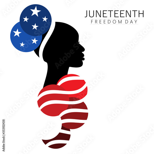 Patriotic Afro-american woman in traditional up-do historic hairstyle with abstract costume in national flag colors