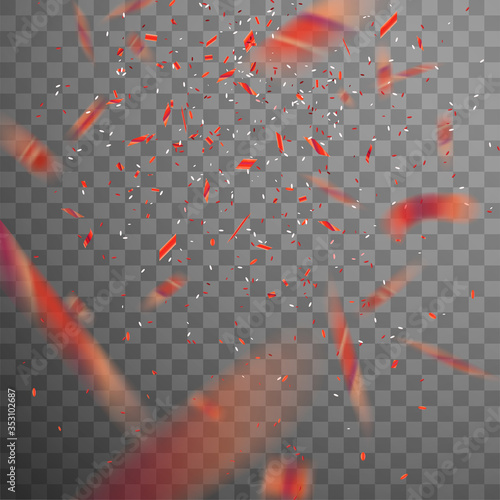 Red Confetti. Vector holiday illustration of falling shiny isolated confetti. Festive decorative tinsel decorative element for design.