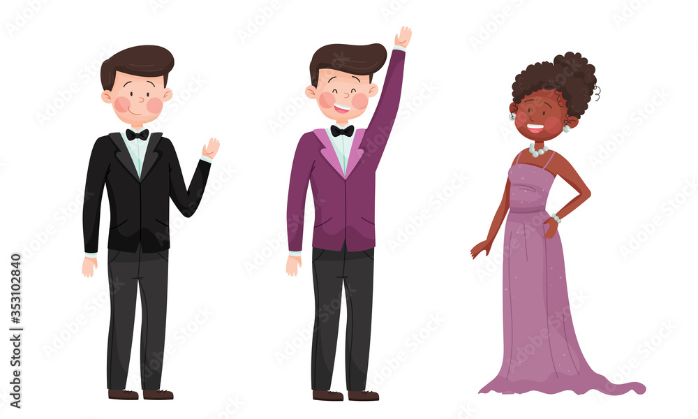 Man and Woman Characters Dressed in Elegant Attire at Social Evening or Red Carpet Reception Vector Illustrations Set Man and Woman Characters Dressed in Elegant Attire at Social Evening or Red Carpet Reception Vector Illustrations Set