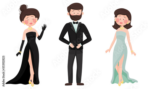 Man and Woman Characters Dressed in Elegant Attire at Social Evening or Red Carpet Reception Vector Illustrations Set