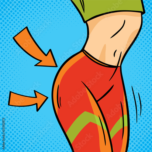 Close-up torso of women with arrow showing muscles. Fitness exercises. Fitness exercise for torso, butt, waist, press. Concept of a healthy lifestyle.
