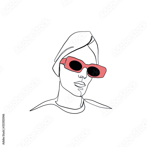 Stylish one continuous line woman in sunglasses. Fashionable hipster girl in minimalist style. Beauty sign. Attractive fashion model. Summer fashion.