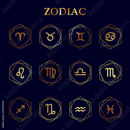 Zodiac icons. Set of zodiac signs. Golden astrological signs with geometric pattern. Isolated on blue background.