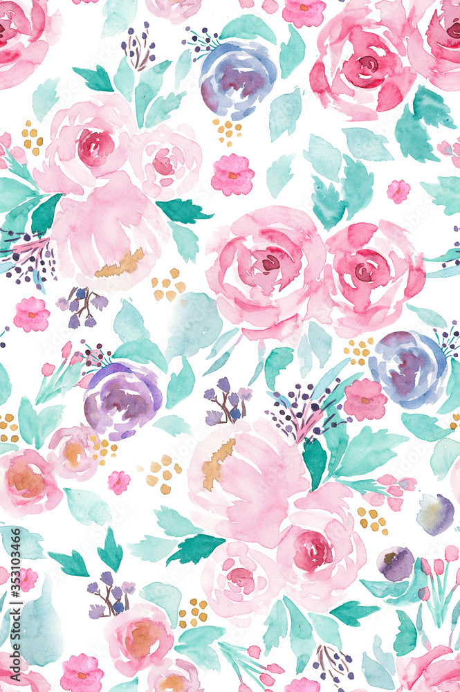 Hand painted watercolor allover seamless rose and daisy flowers with leaf on a white background in repeat. Rose flowers print Watercolor  painting of leafs and flowers, seamless pattern.