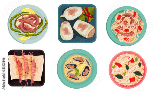 Seafood Dishes with Stuffed Squids and Shrimps Top View Vector Set