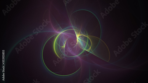 Abstract colorful golden and green glowing shapes. Fantasy light background. Digital fractal art. 3d rendering.