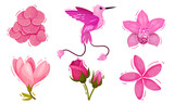 Pink Floral Decorative Collection with Lush Flower Buds and Bird Isolated on White Background Vector Set