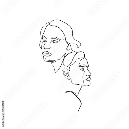 Linear lovers. Man and woman faces in minimal style. One continuous line drawing two human. Logo couple in love. Silhouette male and female. Vector design for Valentines day, wedding invitations.