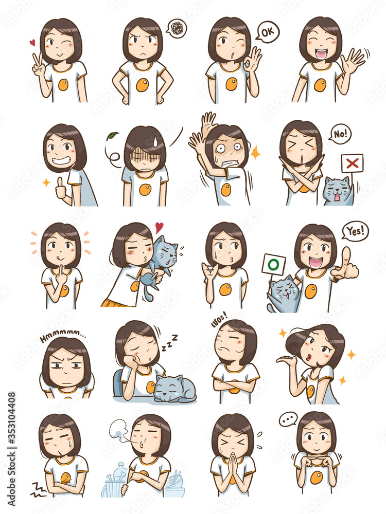 Cute short hair girl cartoon in various emotions