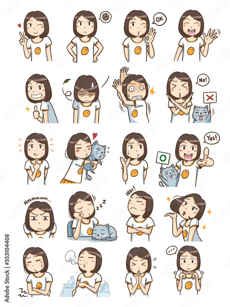 Cute short hair girl cartoon in various emotions Cute short hair girl cartoon in various emotions