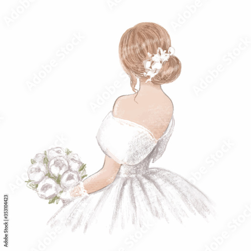 Beautiful bride with a bouquet of peonies. Hand drawn illustration in classic vintage style
