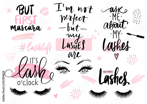Lashes, mascara, makeup-set with closed eyes, lettering calligraphy quotes or phrases.